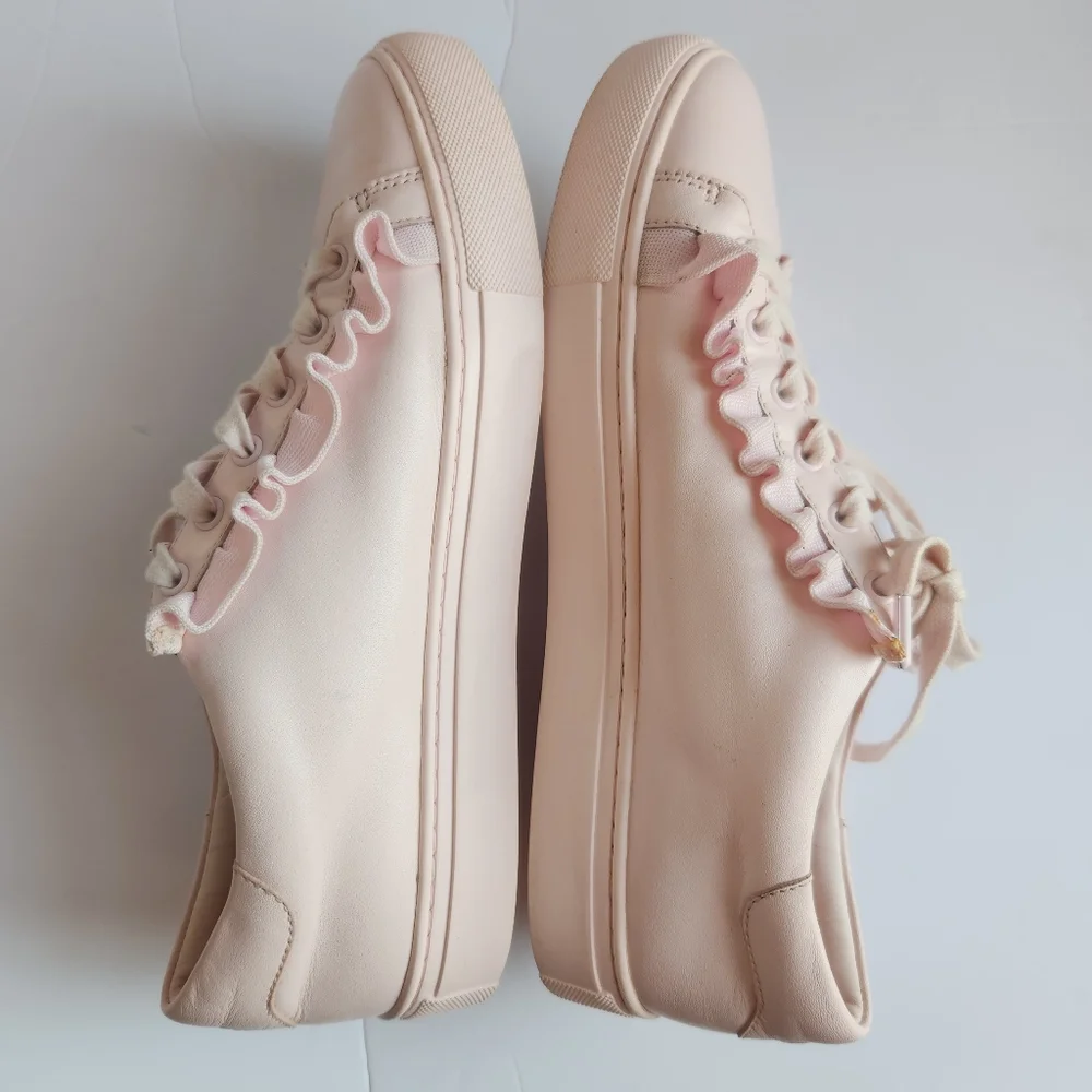 Tory Burch Sport Calf Leather Ruffle Sneakers Cotton Pink Size 9